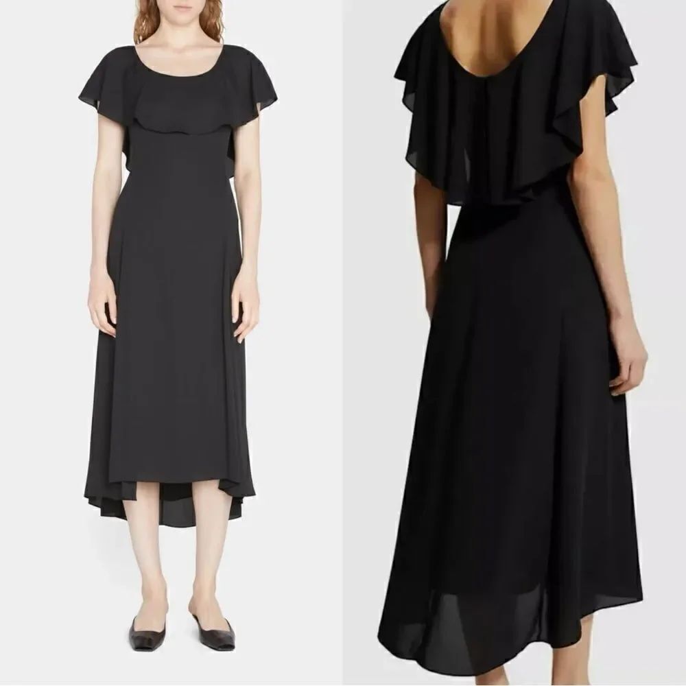 Theory Scoop Ruffle Midi Black Dress Size 4
